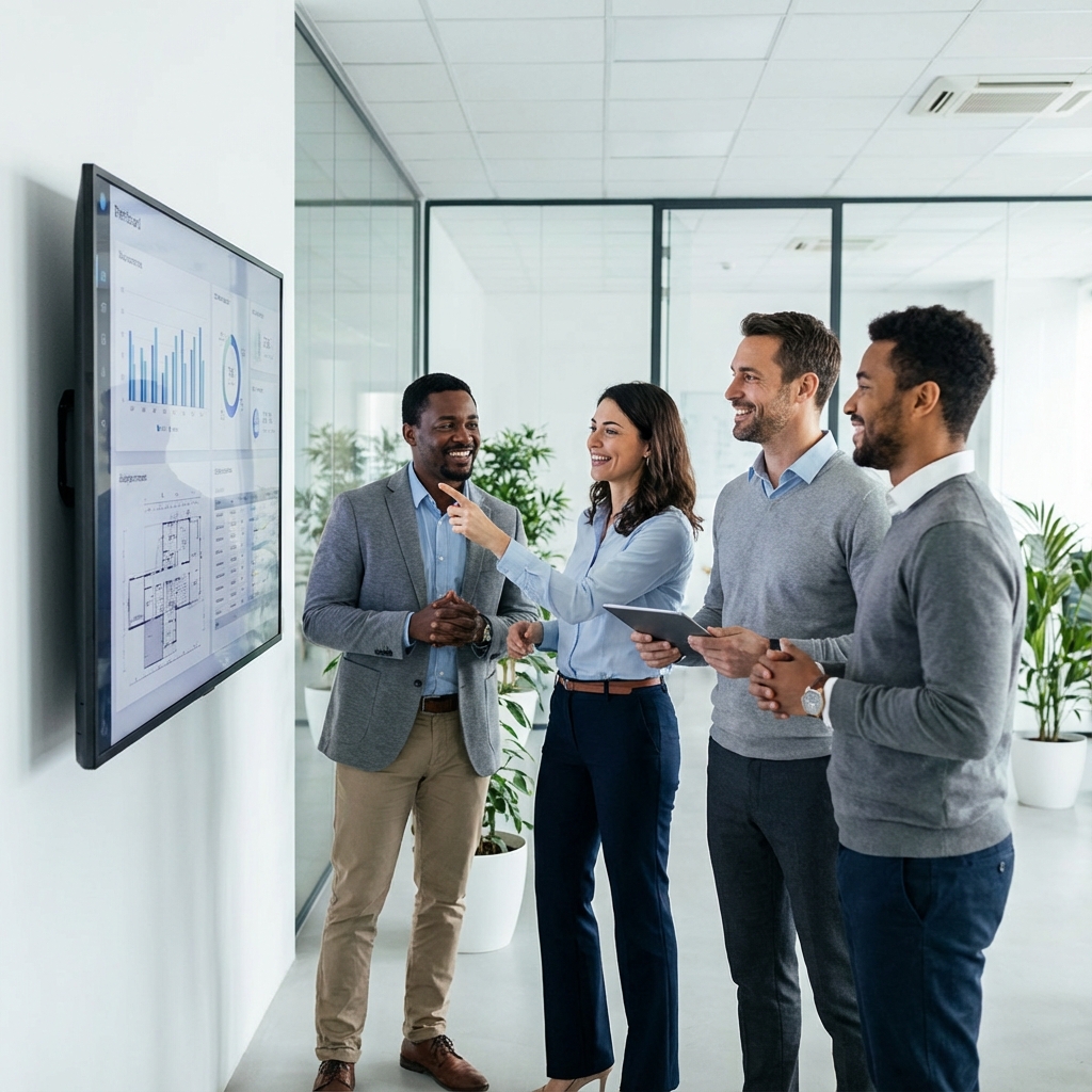 Business professional using a tablet with digital network icons overlayed