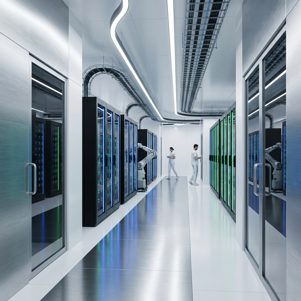 Perspective view down a brightly lit data center aisle
